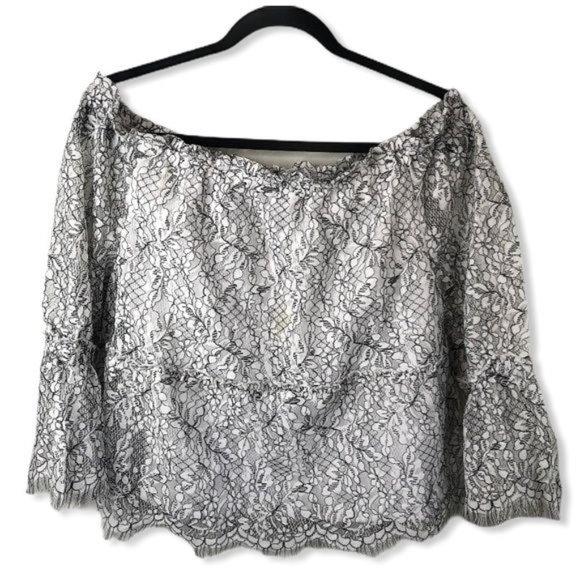 Cupcakes And Cashmere Nichols White & Black Lace Off Shoulder Top Womens L NEW - Picture 2 of 4